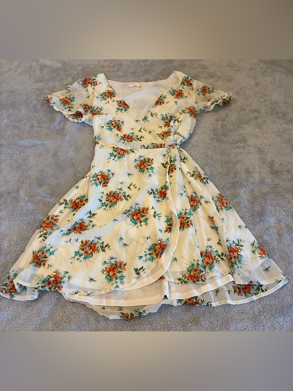 Women’s Altar’d State Floral Wrap Midi Dress in Ivory with Orange Blooms Size XS